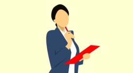 illustration of a woman thinking holding a pen under her chin and holding a clipboard in her other hand