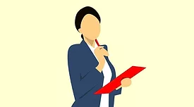 illustration of a woman thinking holding a pen under her chin and holding a clipboard in her other hand