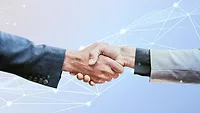 men's hands in suits shaking hands connected datapoints in background men's hands in suits shaking hands connected datapoints in background