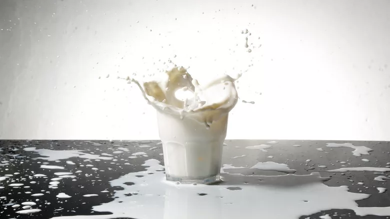 milk splashing out of glass all over table