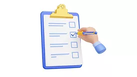 3D digital illustration of a hand checking off a box on an application form clipboard