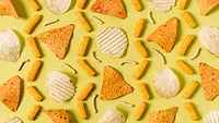 assorted chips on a yellow background