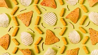assorted chips on a yellow background