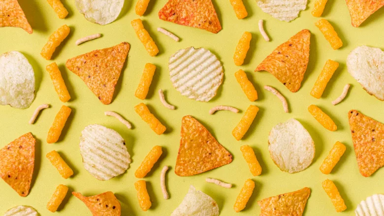 assorted chips on a yellow background