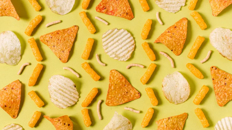 assorted chips on a yellow background