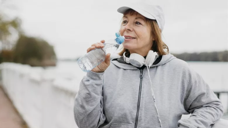 middle aged woman drinking bottled water outdoors
