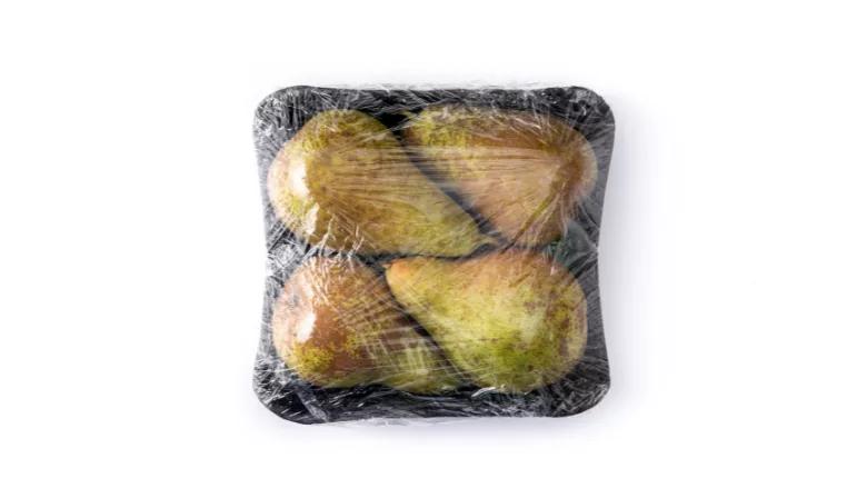 plastic wrapped pears