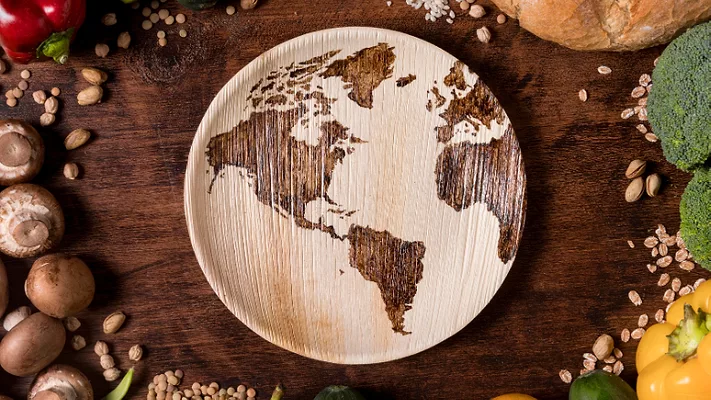 plate with world map design surrounded by food.png world map plate and food