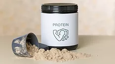 scoop and tub of protein powder