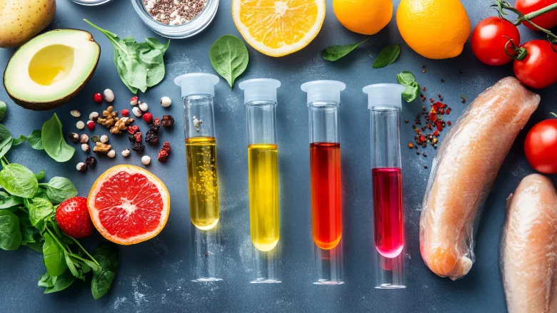 tubes filled with colorful liquids amid fresh food ingredients