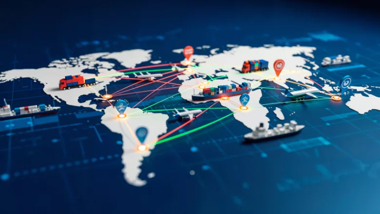 world map with connected logistics supply chain 