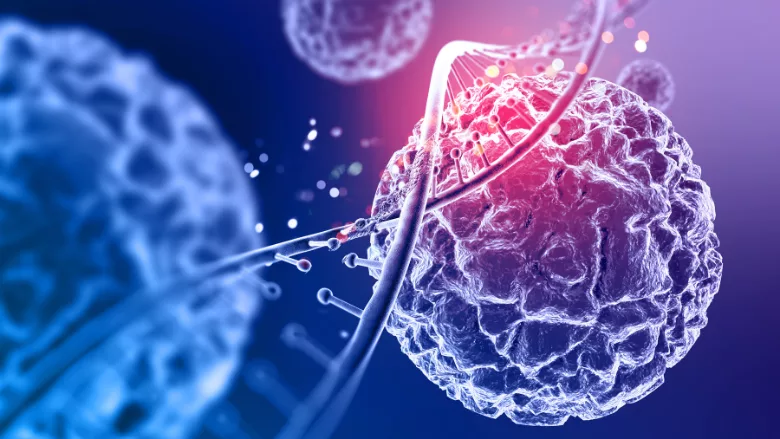 3d rendering of a virus cell and dna strang