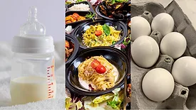 baby bottle, pasta meals, and eggs