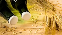 beer bottles on table with barley grains and plants