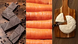 three pictures side-by-side: chocolate bar pieces, whole raw carrots, and queso fresco on a cutting board