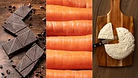 chocolate carrots and queso fresco_freepik.png three pictures side-by-side: chocolate bar pieces, whole raw carrots, and queso fresco on a cutting board