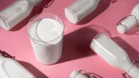 glass of milk and glass bottles of milk arranged against a pink background still life