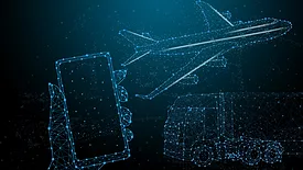 graphic of hand holding phone, freighter truck, and airplance in blue connected digital dots representing supply chain