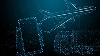 graphic of hand holding phone, freighter truck, and airplance in blue connected digital dots representing supply chain