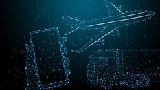 graphic of hand holding phone, freighter truck, and airplance in blue connected digital dots representing supply chain
