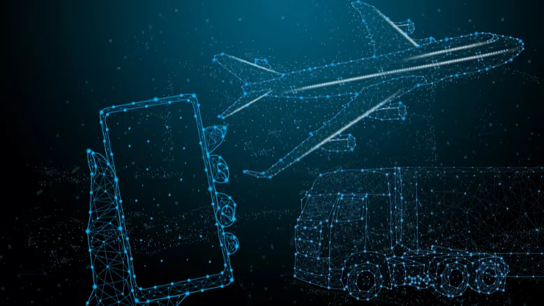 graphic of hand holding phone, freighter truck, and airplance in blue connected digital dots representing supply chain