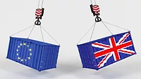 graphic of two shipping containers with EU and UK flags on them