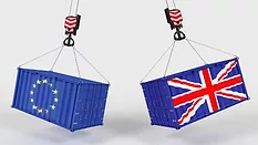 graphic of two shipping containers with EU and UK flags on them
