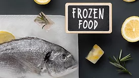 image of a fish on a block of ice next to a sign that says 'frozen food'