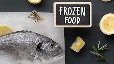image of a fish on a block of ice next to a sign that says 'frozen food'