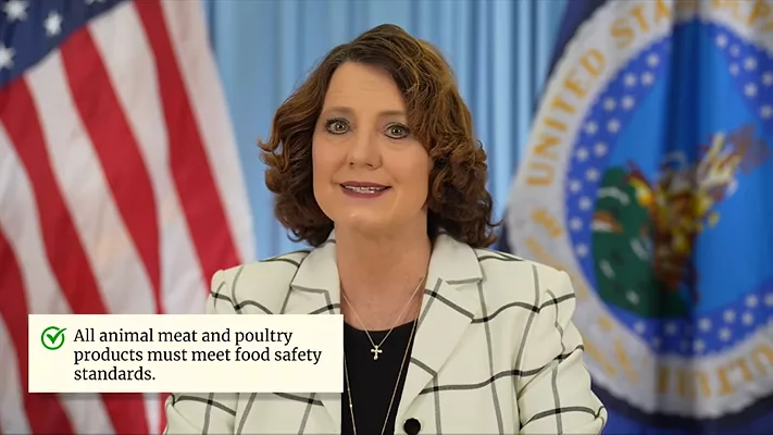 mindy brashears speaking about NWS with text that says 'all animal meat and poultry products must meet food safety standards'