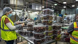 person working in date production factory wearing a covid-19 era mask
