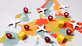 planes and boxes on top of map of Europe representing trade