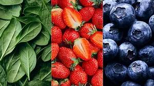 spinach strawberries and blueberries, foods on the 2026 Dirty Dozen