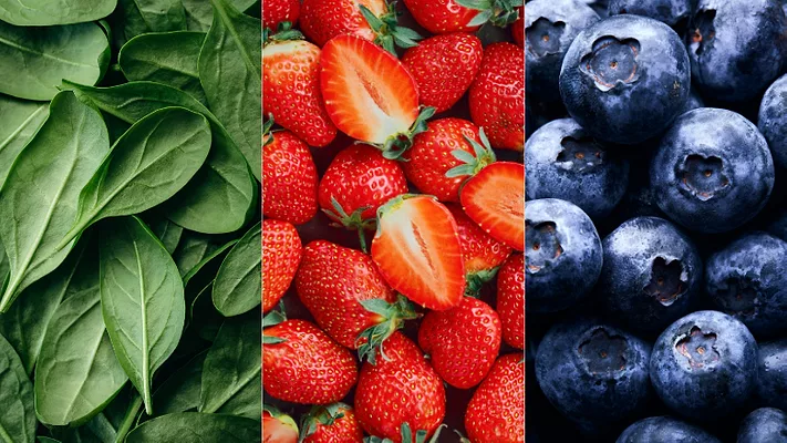 spinach strawberries and blueberries, foods on the 2026 Dirty Dozen