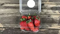 strawberries in a plastic carton that is open on a wooden table