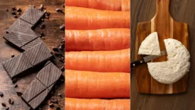 three pictures side-by-side: chocolate bar pieces, whole raw carrots, and queso fresco on a cutting board