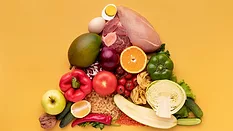 a variety of whole foods including vegetables, meats, nuts, bread, and pasta arranged in a pyramid shape laid against a yellow backdrop