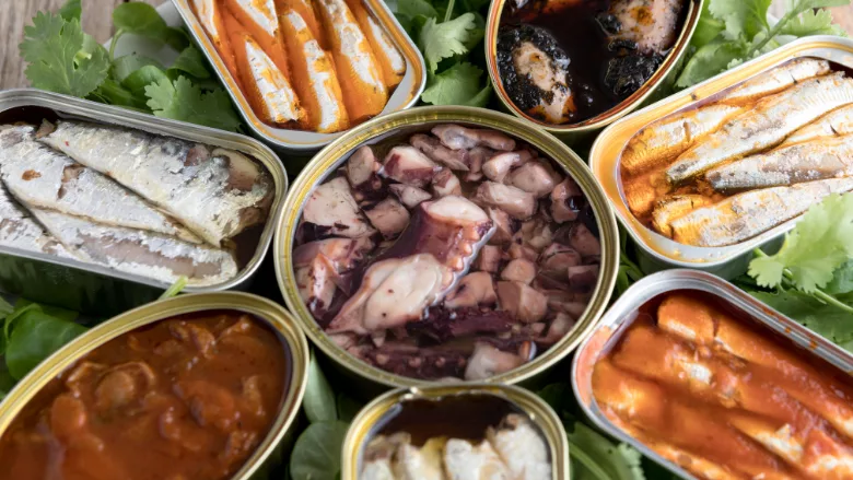 various types of tinned seafood and fish products