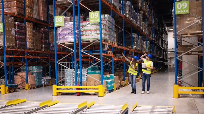 warehouse workers examining pallets of goods on shelves in large storeroom