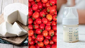 cheese, tomatoes, and a baby bottle