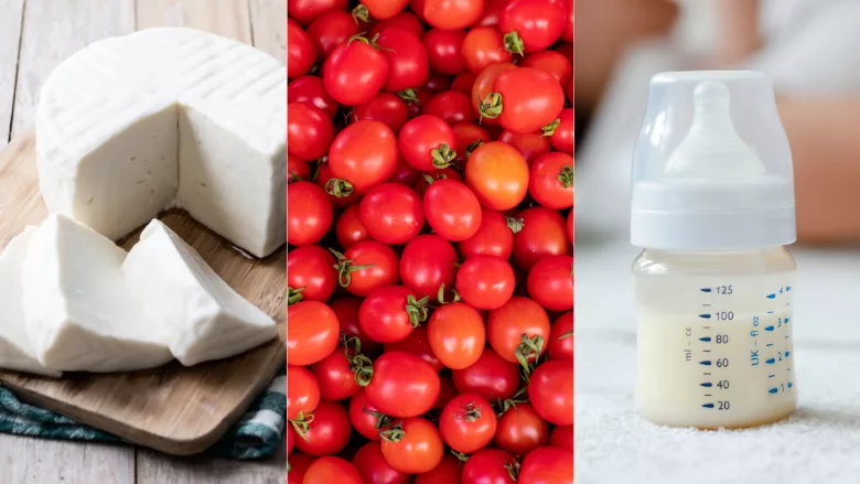 cheese, tomatoes, and a baby bottle