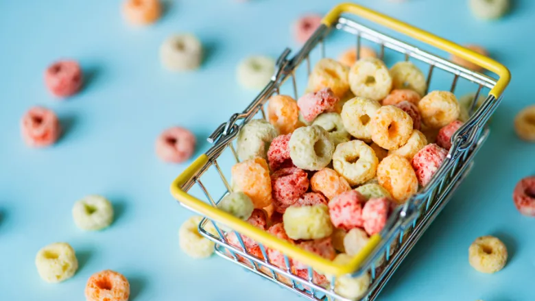 mini shopping basket full of cereal pieces