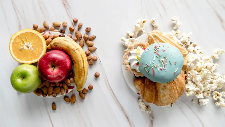 processed snacks next to fruit and nuts